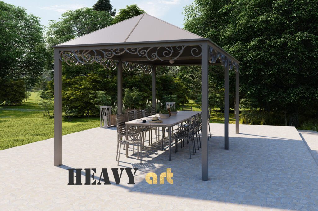 ogród przydomowy z altaną metalową metalową oraz ze stołem i krzesłami