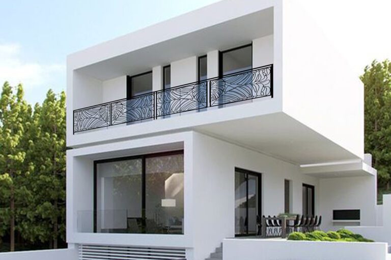 nowoczesny dom z balkonem z balustrada metalowa w nowoczesnym stylu