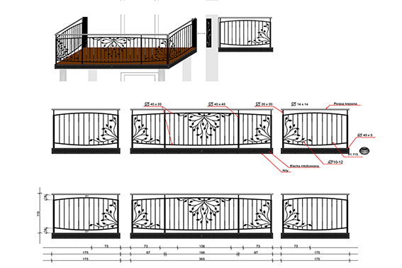 konstrukcja balkonu z balustradą kutą o klasycznym stylu z motywem roślinnym