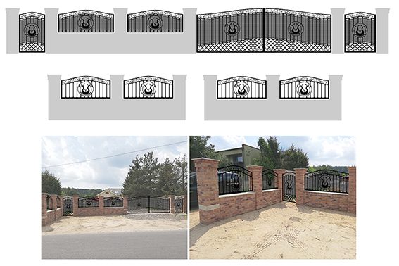 projekt ogrodzenia brama wjazdowa furtka i przęsła metalowe z rozetą na środku