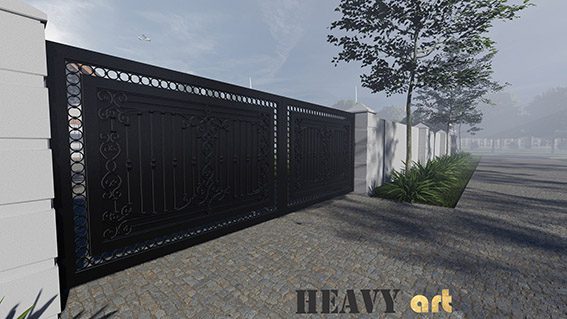 brama wjazdowa dwuskrzydłowa o bogatym wzorze z ogrodzeniem murowanym