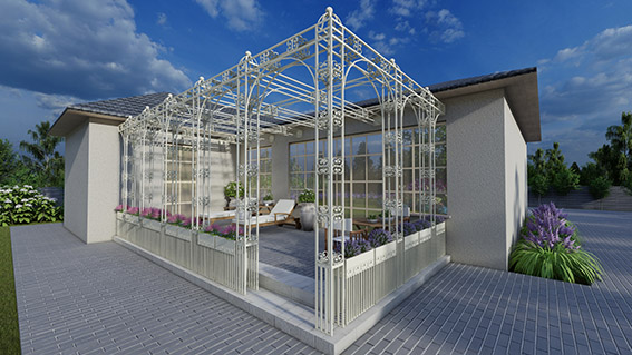 altana ogrodowa metalowa kuta biała w bogatym ekskluzywnym, stylu do willi